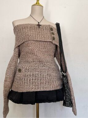 Off-Shoulder Knit Sweater in Taupe with Button Details